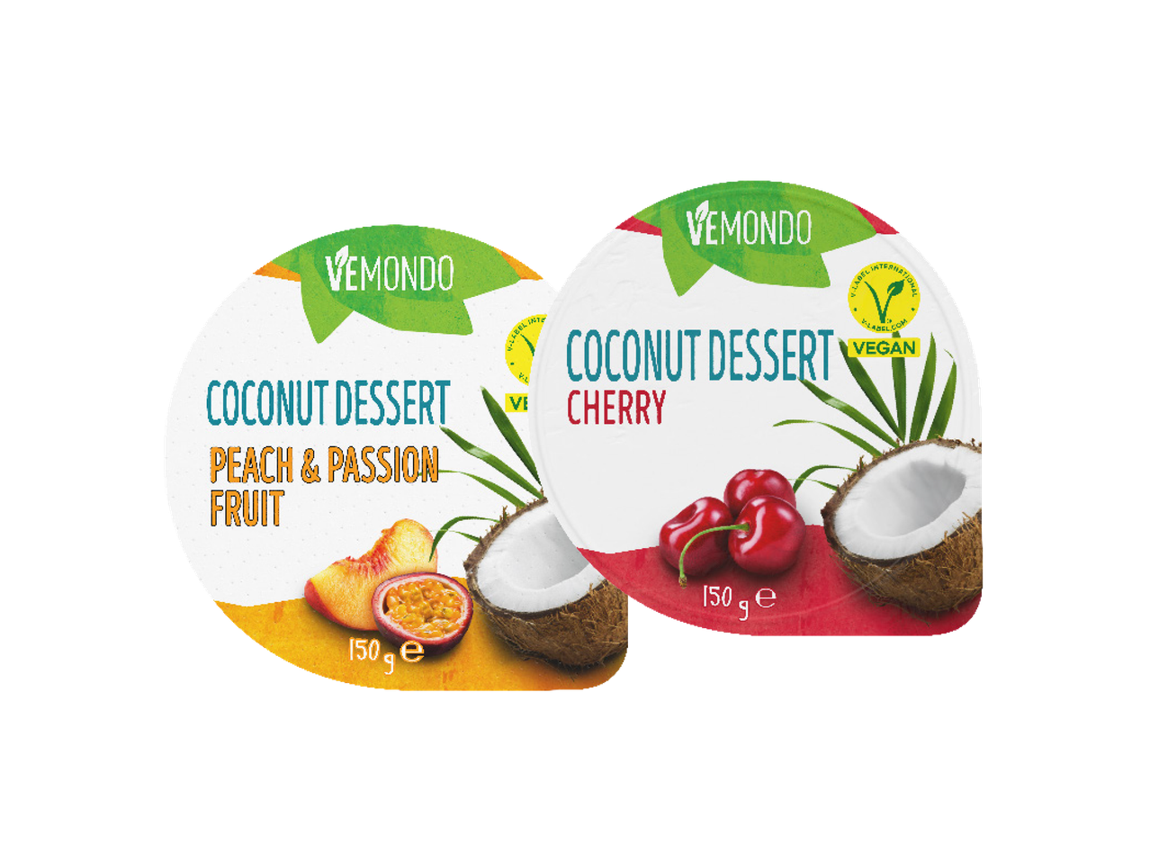 Two Vemondo coconut desserts, one peach & passion fruit and one cherry flavored.