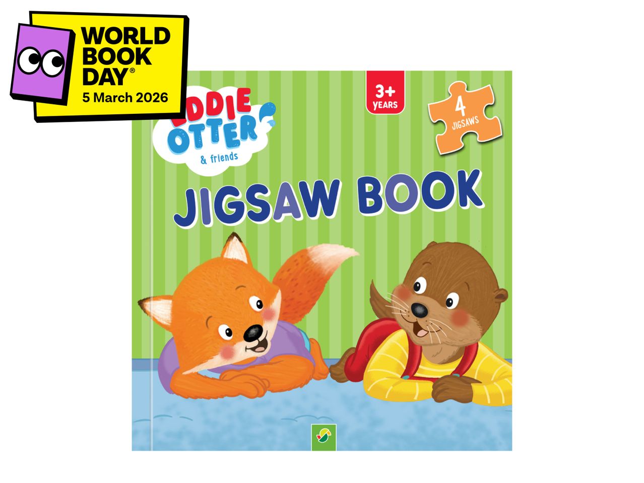 A children's jigsaw book featuring a fox and an otter, with a 'World Book Day 2026' sticker.