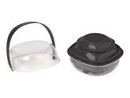 A clear plastic carrier with a black handle and a dark gray plastic stackable food container.