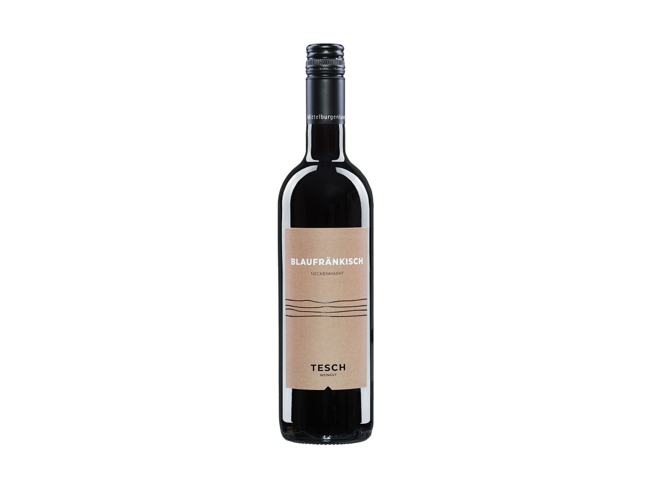 Eine Flasche Tesch Blaufränkisch Rotwein mit einem braunen Etikett auf weißem Hintergrund.