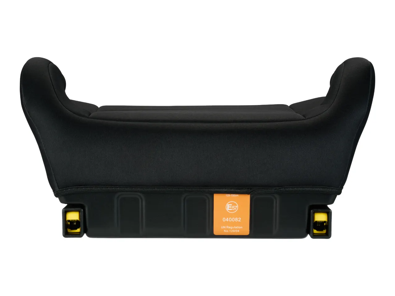 Black booster car seat with an orange label showing '125-150cm' and 'UN Regulation No. 129/04'.