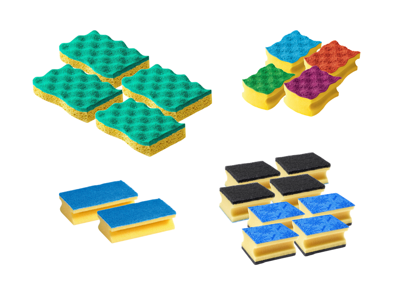 Različite spužve za čišćenje u zelenoj, plavoj, crvenoj, ljubičastoj i crnoj boji.