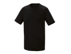 T-shirt noir uni à manches courtes et col rond, sur fond noir.
