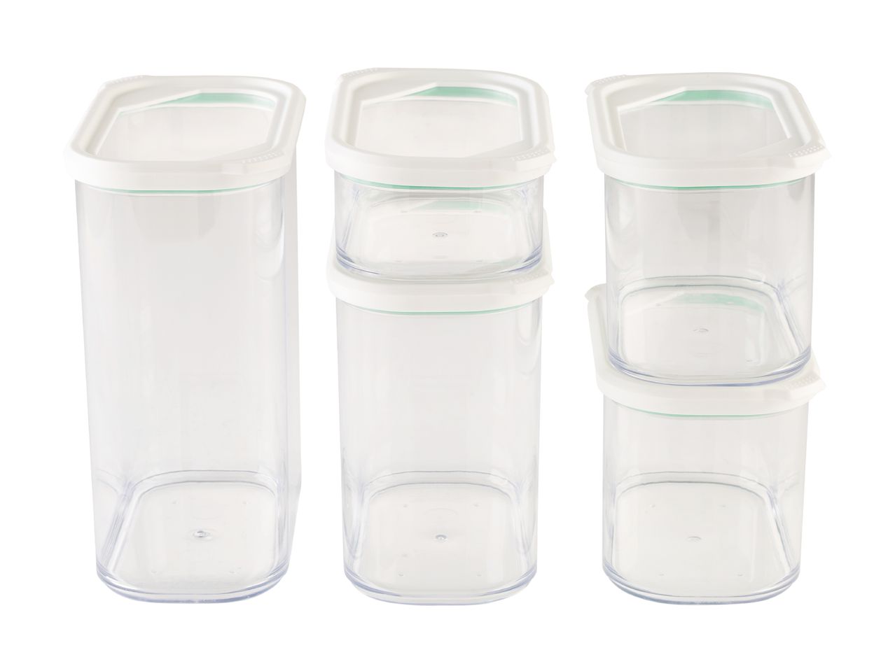 Sæt med gennemsigtige opbevaringsbeholdere med hvide låg, stablet i forskellige højder.