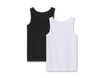 Zwei Tanktops, eines schwarz, eines weiß, liegen übereinander.