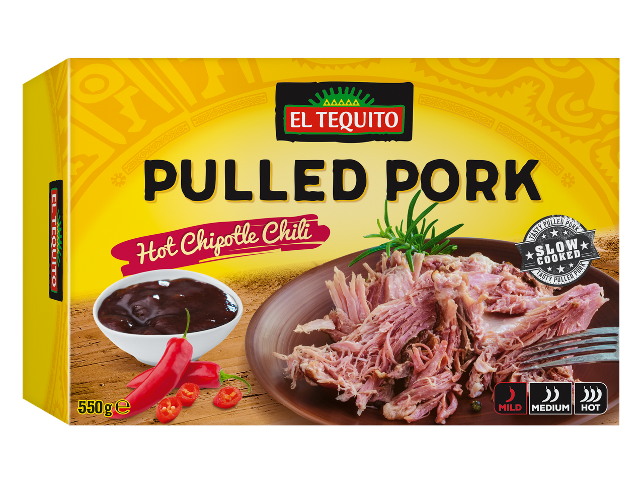 El Tequito pulled pork met pikante chipotle chili: langzaam gegaard, pittig vlees.
