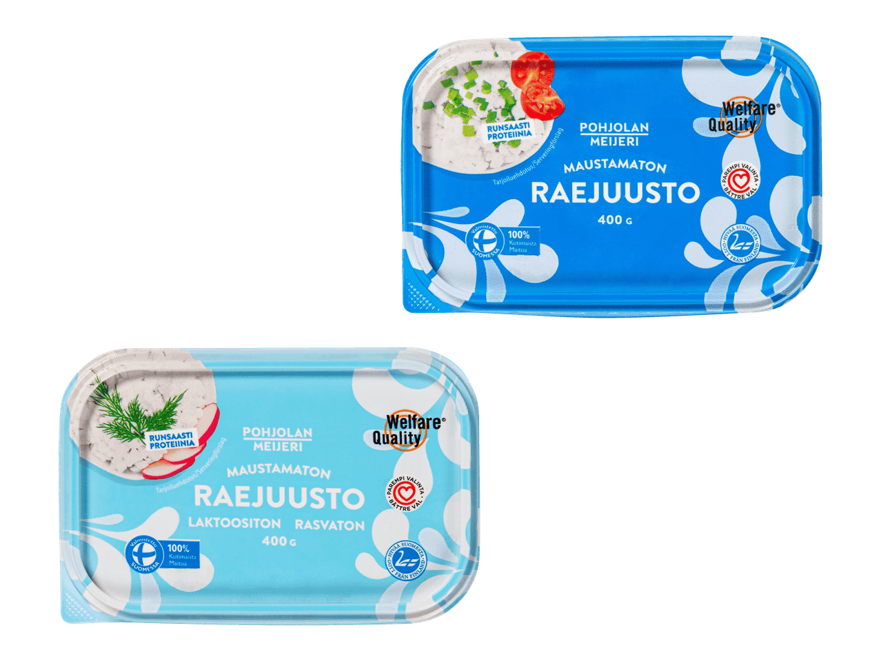 Kaksi pakkausta maustamatonta raejuustoa, joissa on runsaasti proteiinia ja jotka on valmistettu Suomessa.