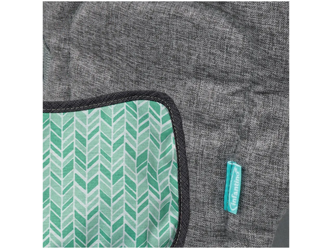 Gray fabric with green Infantino pattern and tag