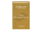 Златна кутия с парфюм, надписана с „ONE FRAGRANCE“ и „EAU DE PARFUM 75ml℮“.