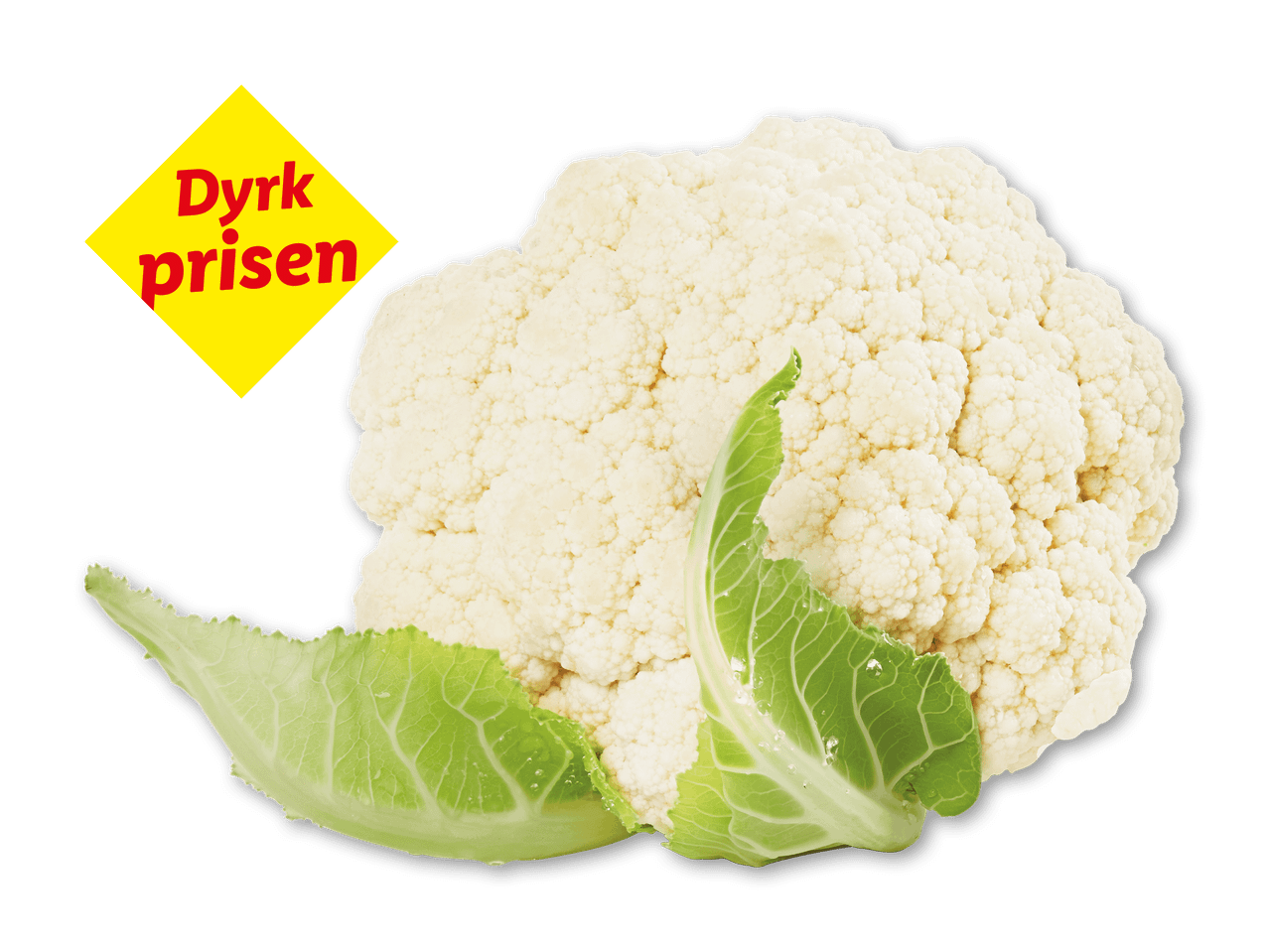 Blomkål med grønne blade og teksten 'Dyrk prisen' på en gul baggrund.