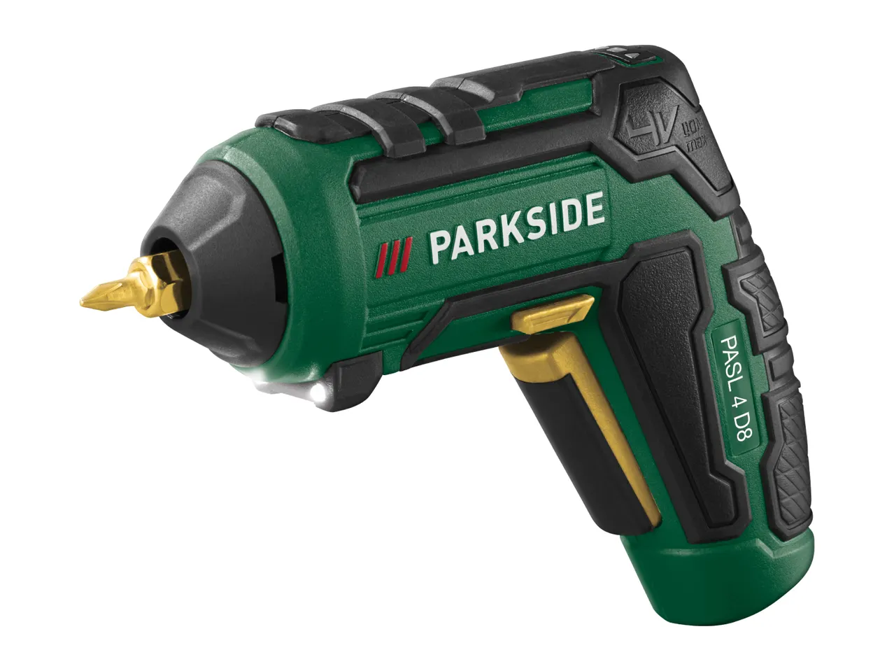 Green and black cordless screwdriver with a gold-colored bit, featuring an integrated LED light.