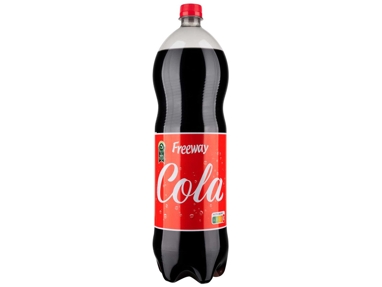 Freeway Cola üdítőital egy nagy, átlátszó palackban, piros címkével és kupakkal.