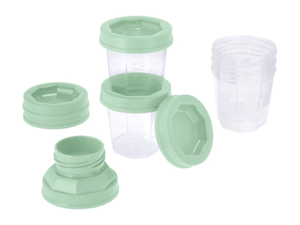 Clear plastic baby food storage containers with light green lids and a bottle adapter.