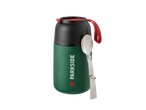 A green and black Parkside food thermos with a red handle and a folding spoon.