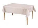Rectangular table with a light beige tablecloth featuring a subtle checkered pattern.