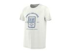 White t-shirt with a blue graphic of a sardine can and text 'Simply Delicious Sardines'