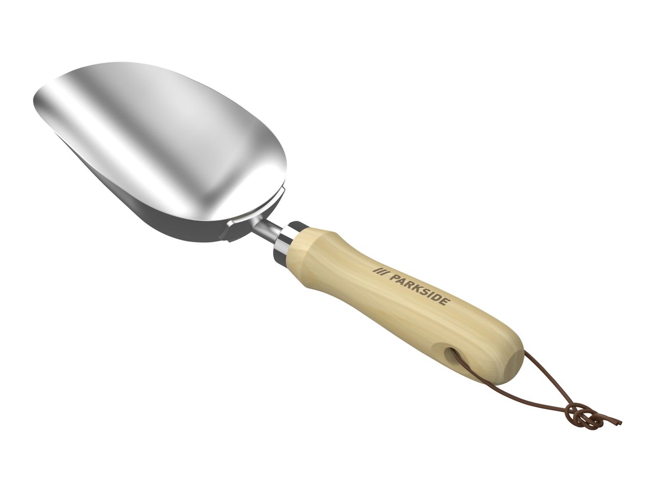 A garden trowel with a shiny metal scoop and a light wooden handle with a brown leather loop.