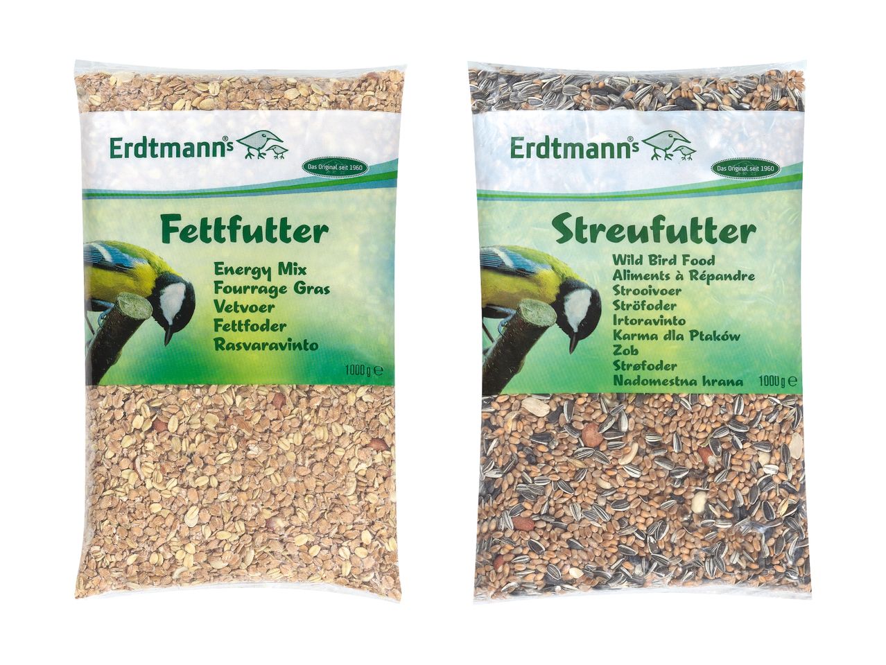 To poser Erdtmanns fuglefoder: en med energiblanding og en med vildtfugleblanding.
