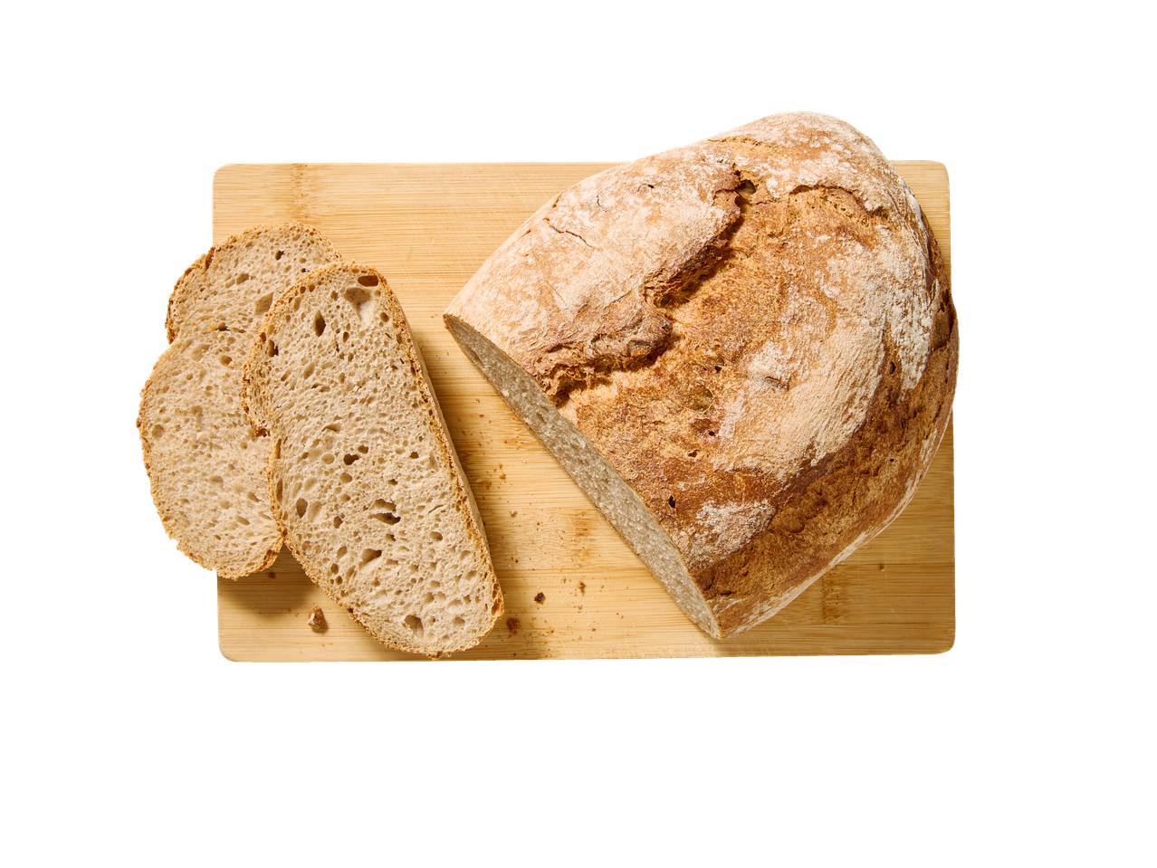Bondbröd: o pâine și două felii pe un tocător de lemn.