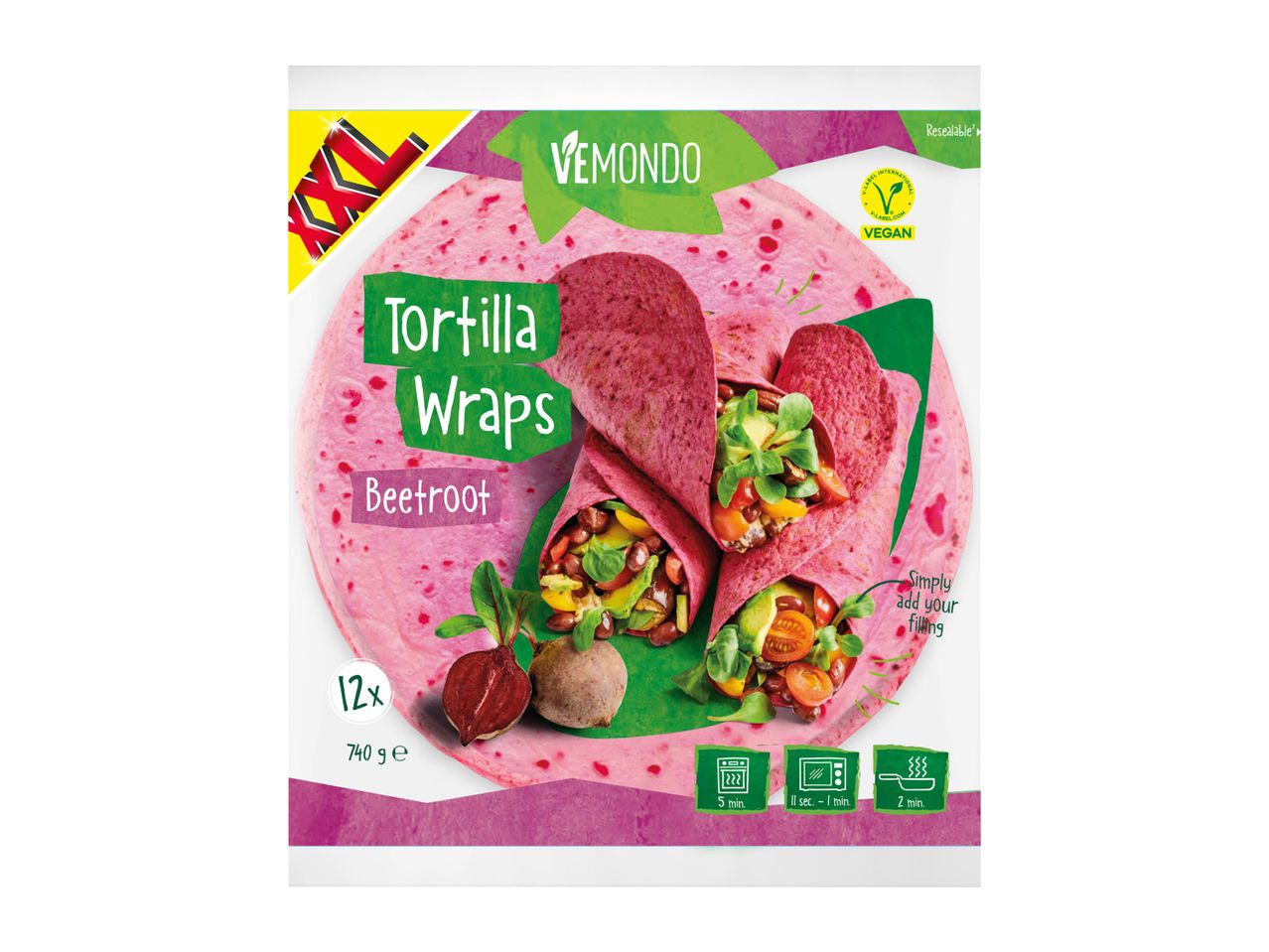 Vemondo XXL Beetroot Tortilla Wraps: 12 vegan wraps, 740g.
