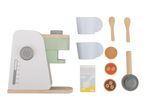 Wooden toy coffee machine set with cups, spoons, milk carton, and coffee pods.