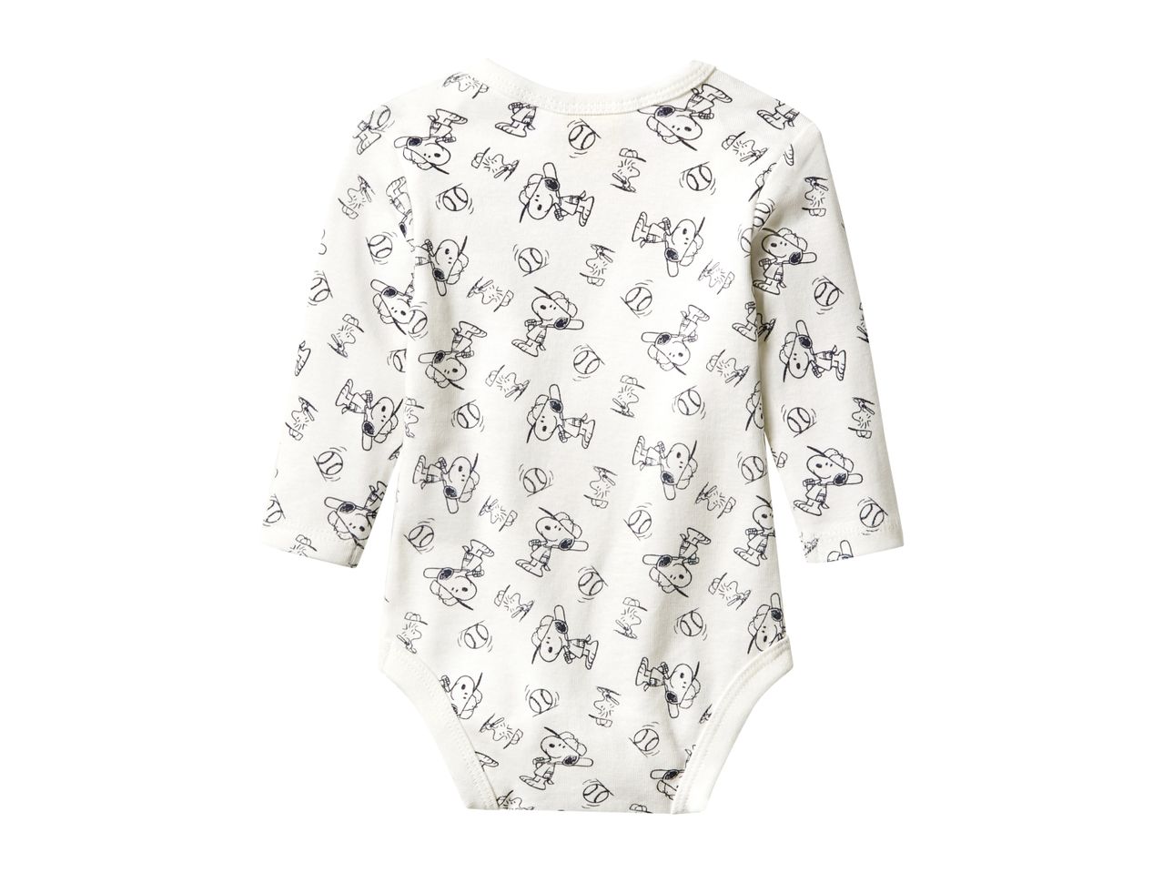 White long-sleeved baby bodysuit with Snoopy baseball print.