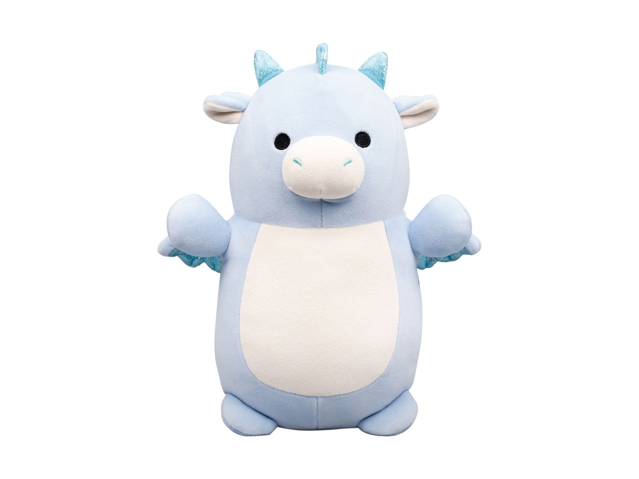 Light blue dragon plush toy with sparkly horns and wings, and a white belly.