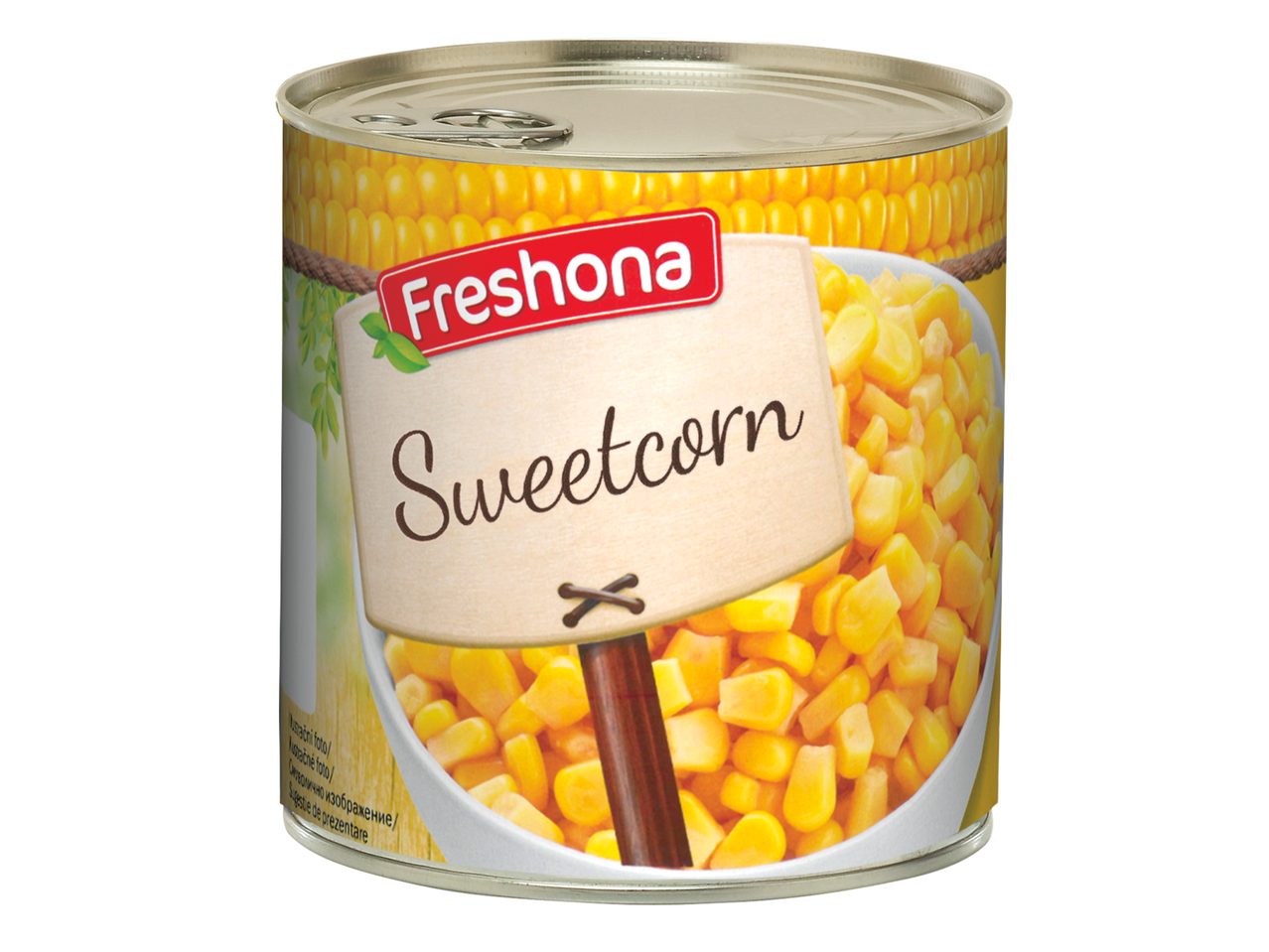 Консерва със сладка царевица, с надпис „Sweetcorn“ на етикета