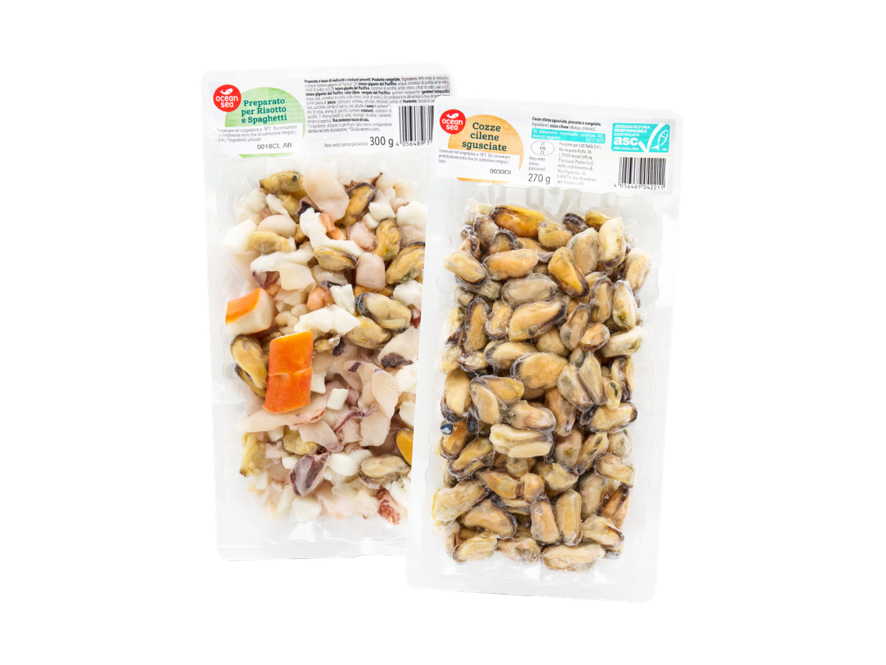 Cozze congelate e mix di frutti di mare Ocean Sea per risotto e spaghetti.