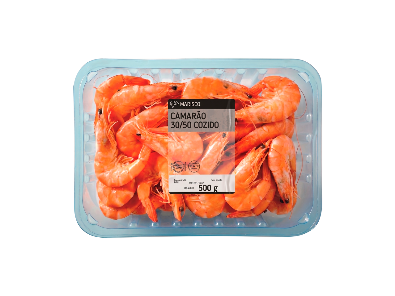 Camarão cozido 30/50 numa bandeja de plástico transparente, 500g, pronto a comer.