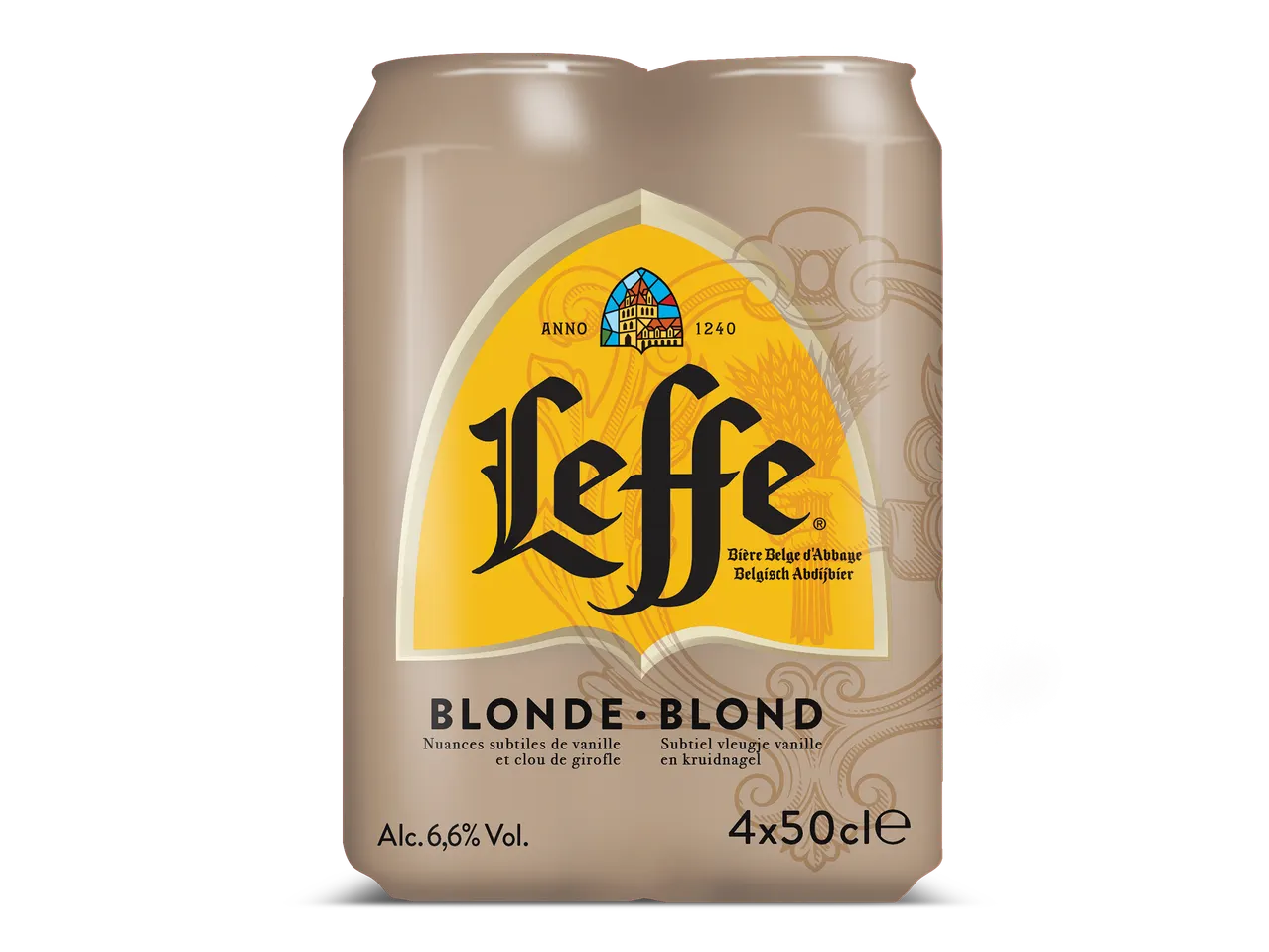 Een 4-pack blikken blond abdijbier met 6,6% alcohol, met vanille- en kruidnagelnoten.