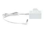 A white power adapter with a cord and a small plug.