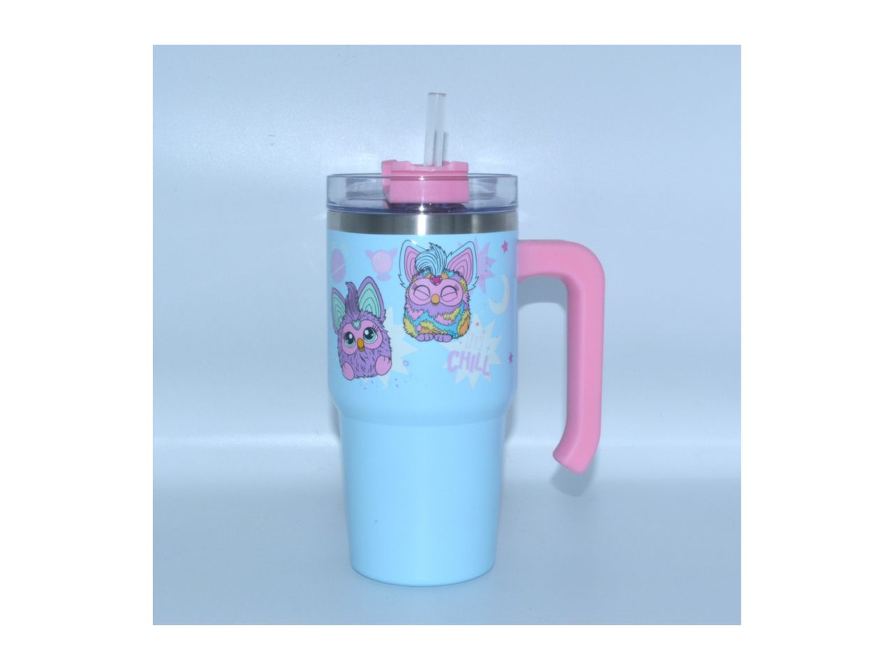 Pink-handled, pastel-blue travel mug with a straw and cute cartoon designs.