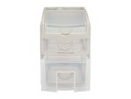 A beige and clear plastic three-drawer organizer with rope handles.
