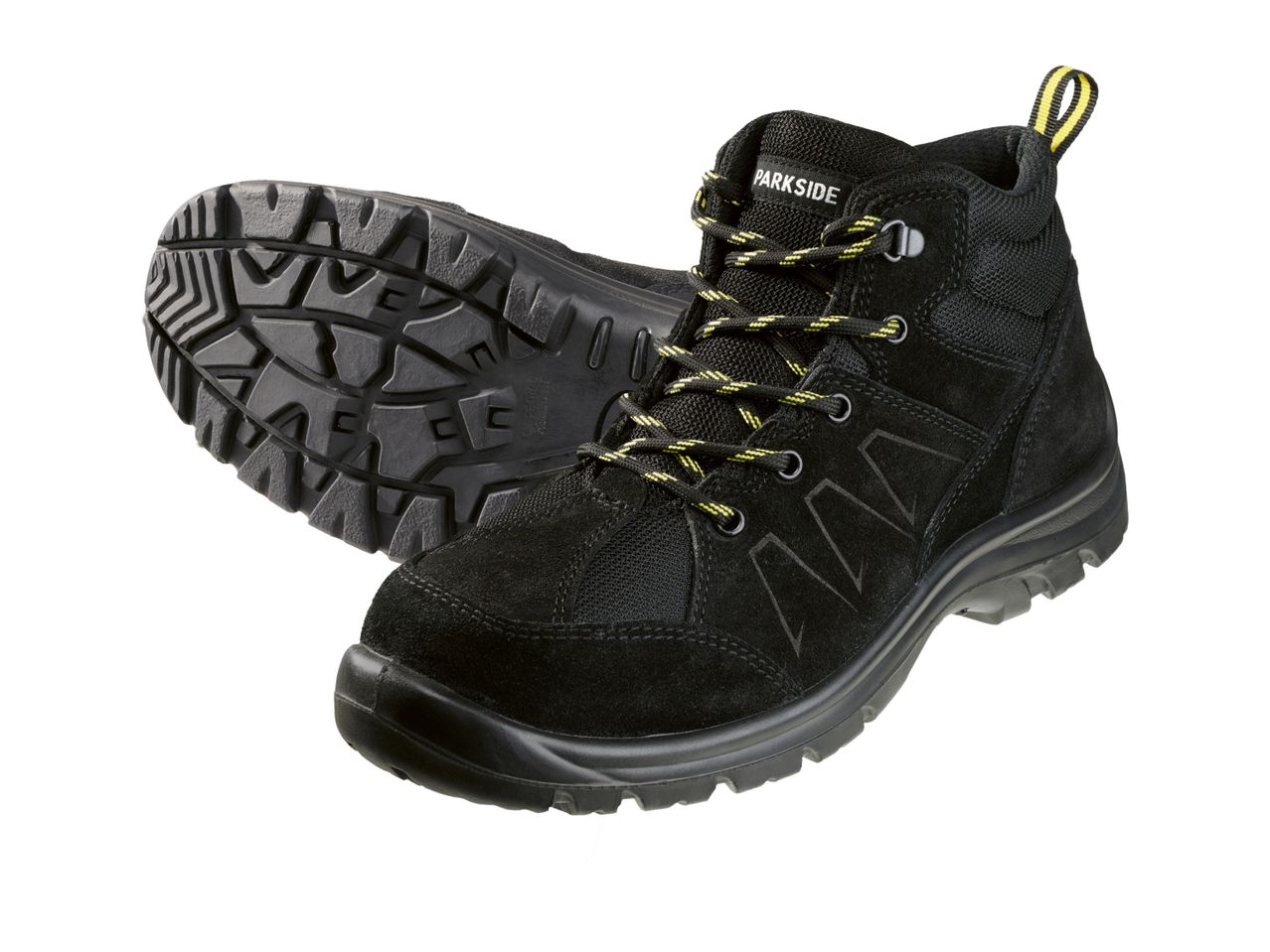 Pair of black work boots with laces.