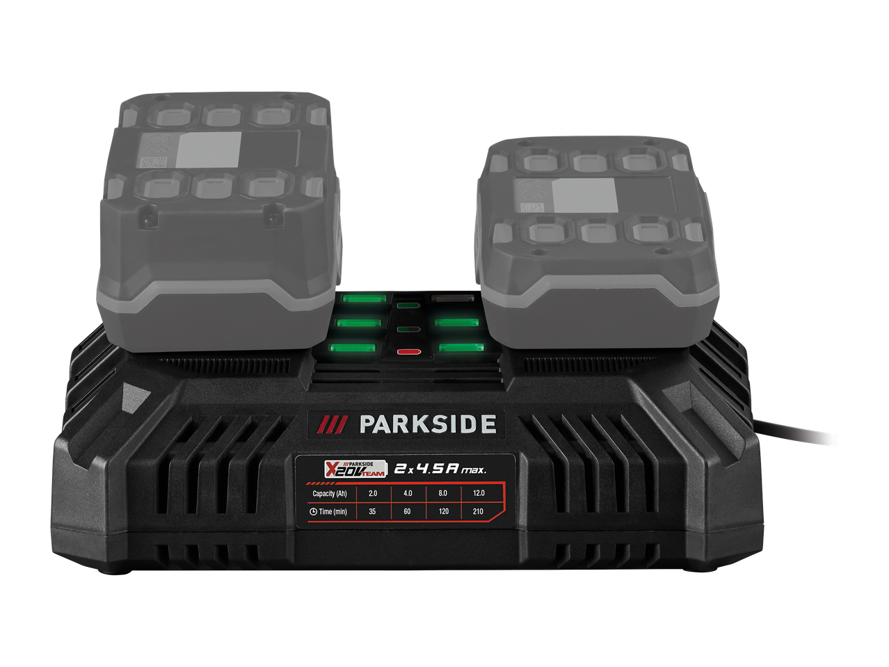 Polnilnik za baterije z dvema režama, ki prikazuje čas polnjenja za različne kapacitete baterij.