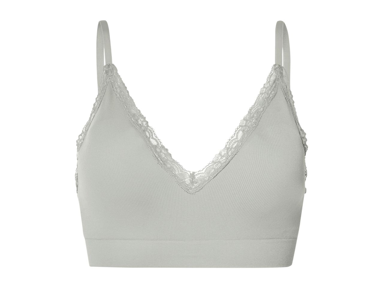 A light grey ribbed bralette with delicate lace trim.