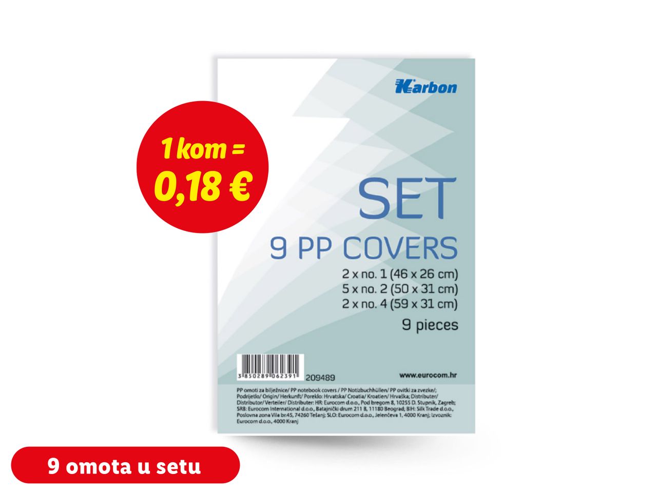 Paket Karbon PP omota za bilježnice s 9 komada i cijenom od 0,18 € po komadu.