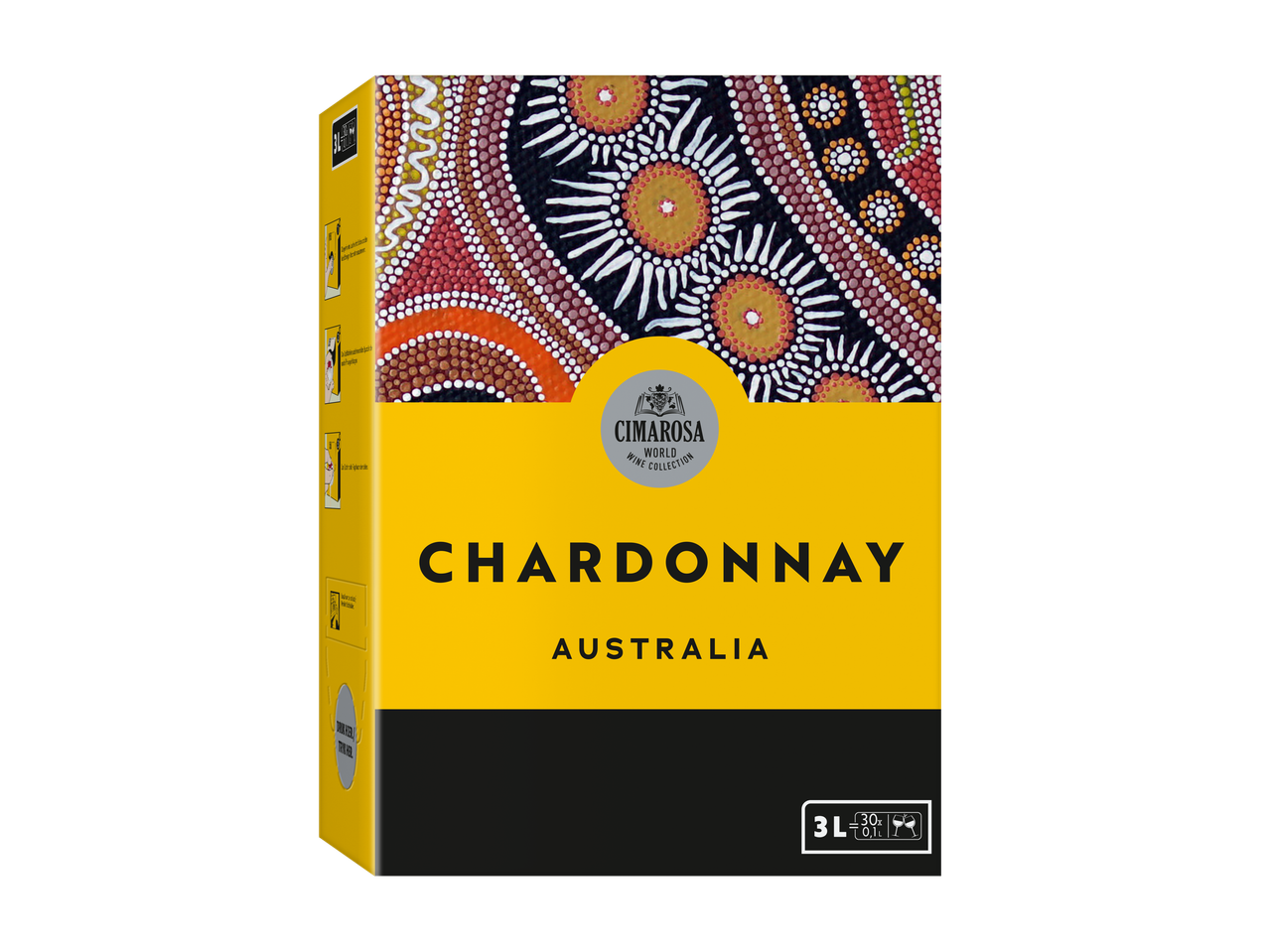 Cimarosa Chardonnay Australië, 3L bag-in-box witte wijn met aboriginal patroon.