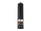 Black electric pepper mill with a clear chamber filled with mixed peppercorns.
