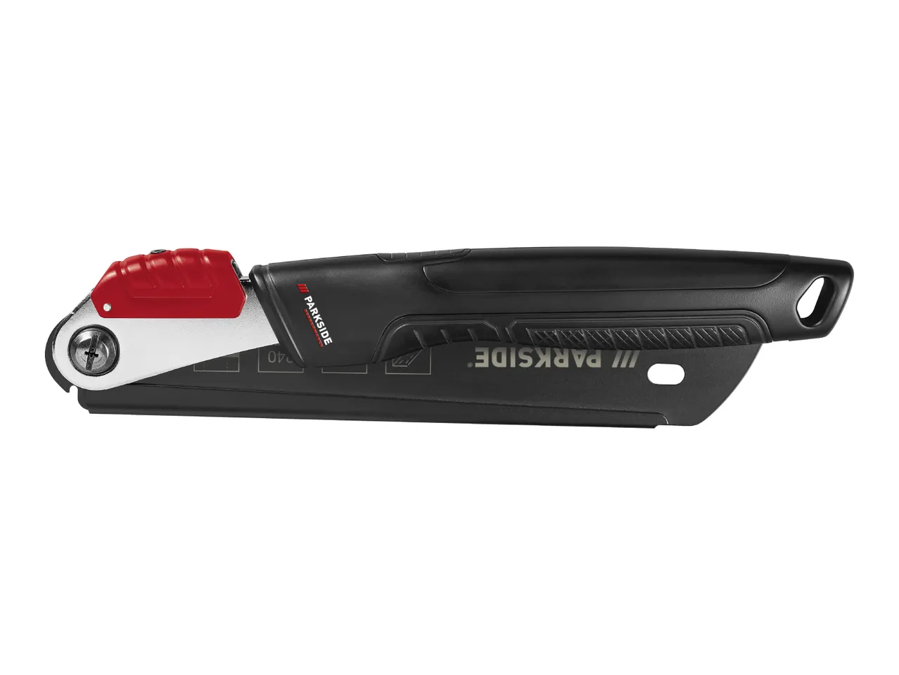 A Parkside folding saw with a black handle and red grip.