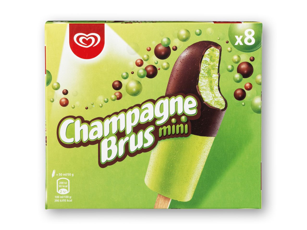 En æske med 8 mini Champagne Brus ispinde fra Magnum.