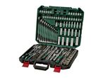 A comprehensive tool set in a green and black case, featuring wrenches, sockets, and screwdriver bits.