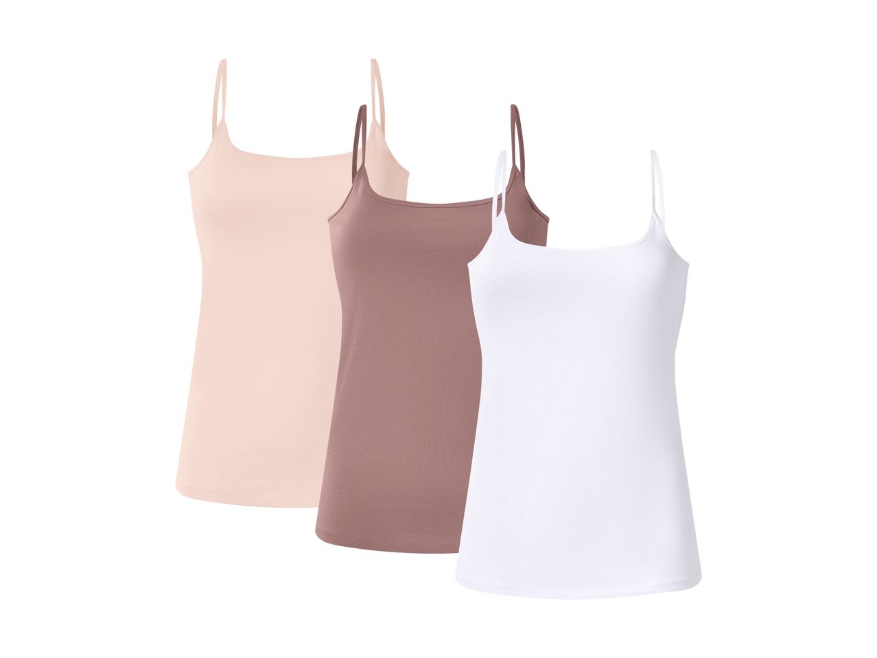 Three women's camisole tops in white, brown, and beige.