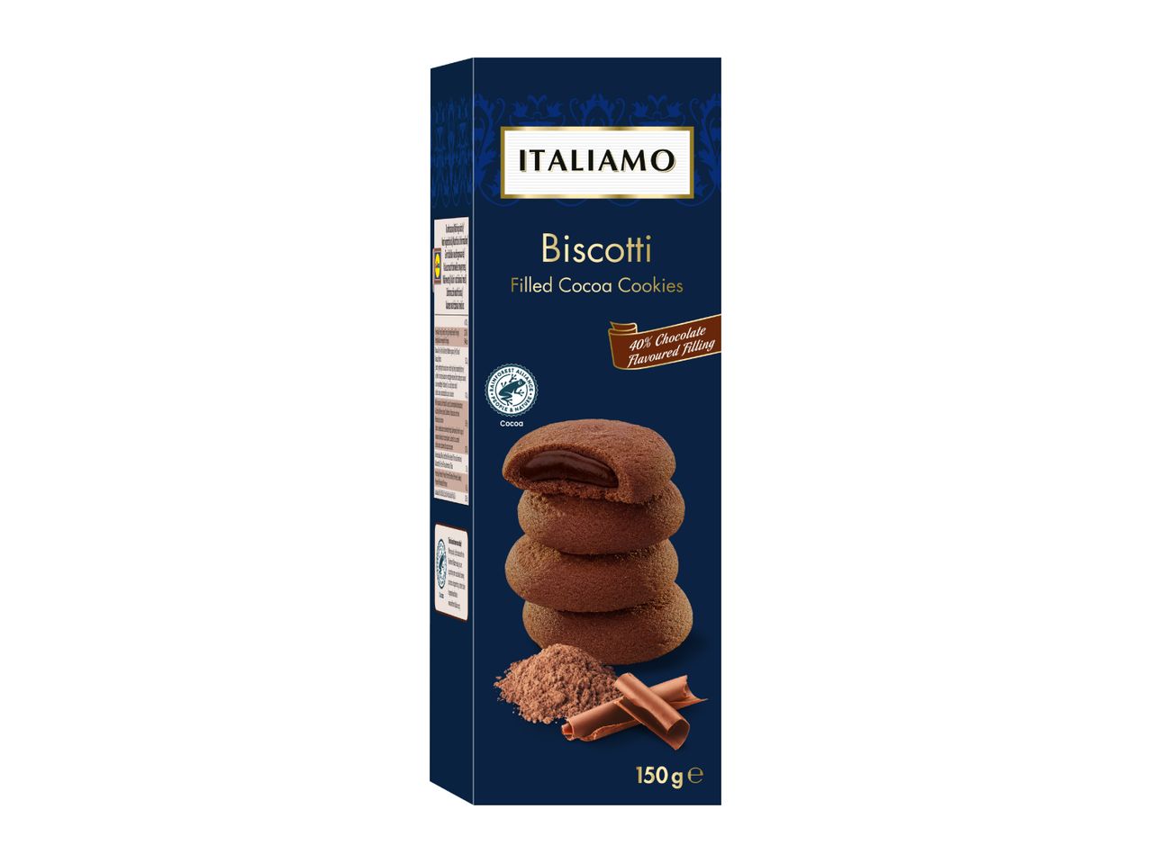 A box of chocolate-filled cocoa cookies with a 40% chocolate-flavored filling, weighing 150g.