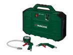 PARKSIDE PMK 1100 A1 compressor with pressure gauge and air gun accessories.
