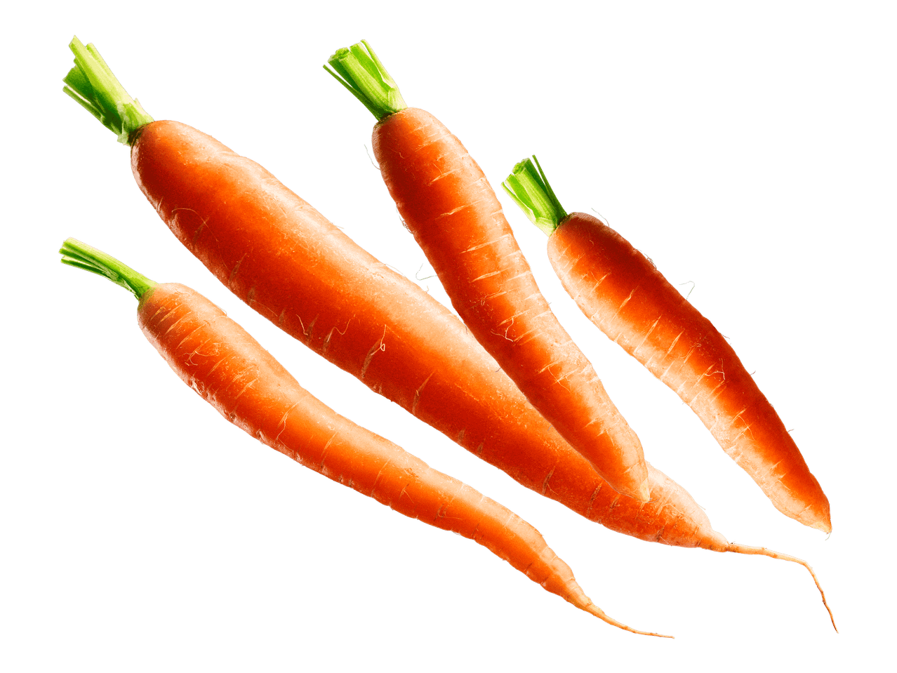 Neljä oranssia porkkanaa mustalla taustalla.