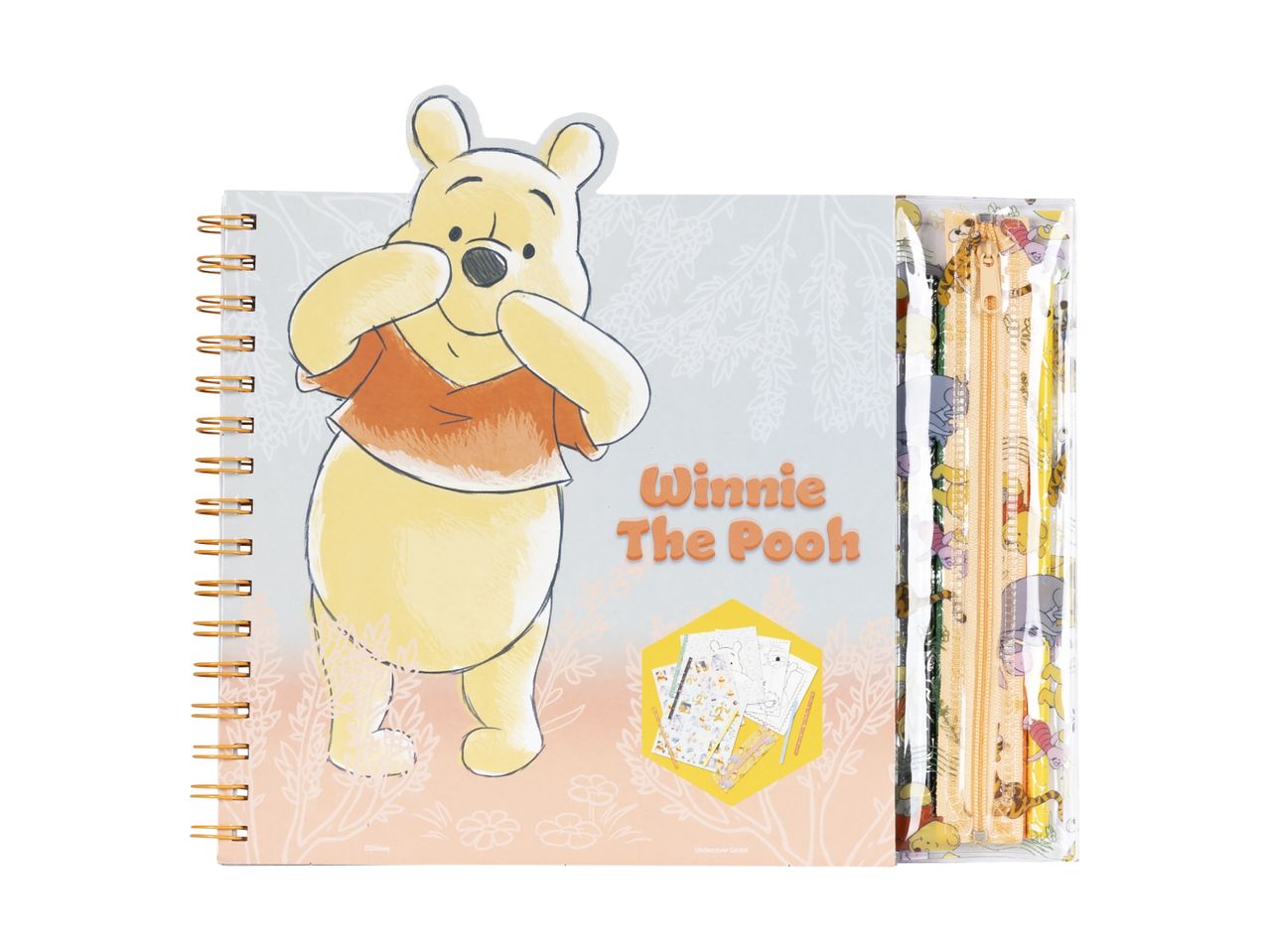 Winnie the Pooh notesæt med spiralblok og penalhus med farveblyanter.