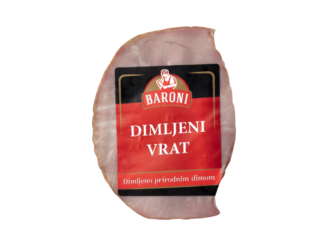 Dimljena svinjska vratina sa crvenom etiketom na kojoj piše „DIMLJENI VRAT“.