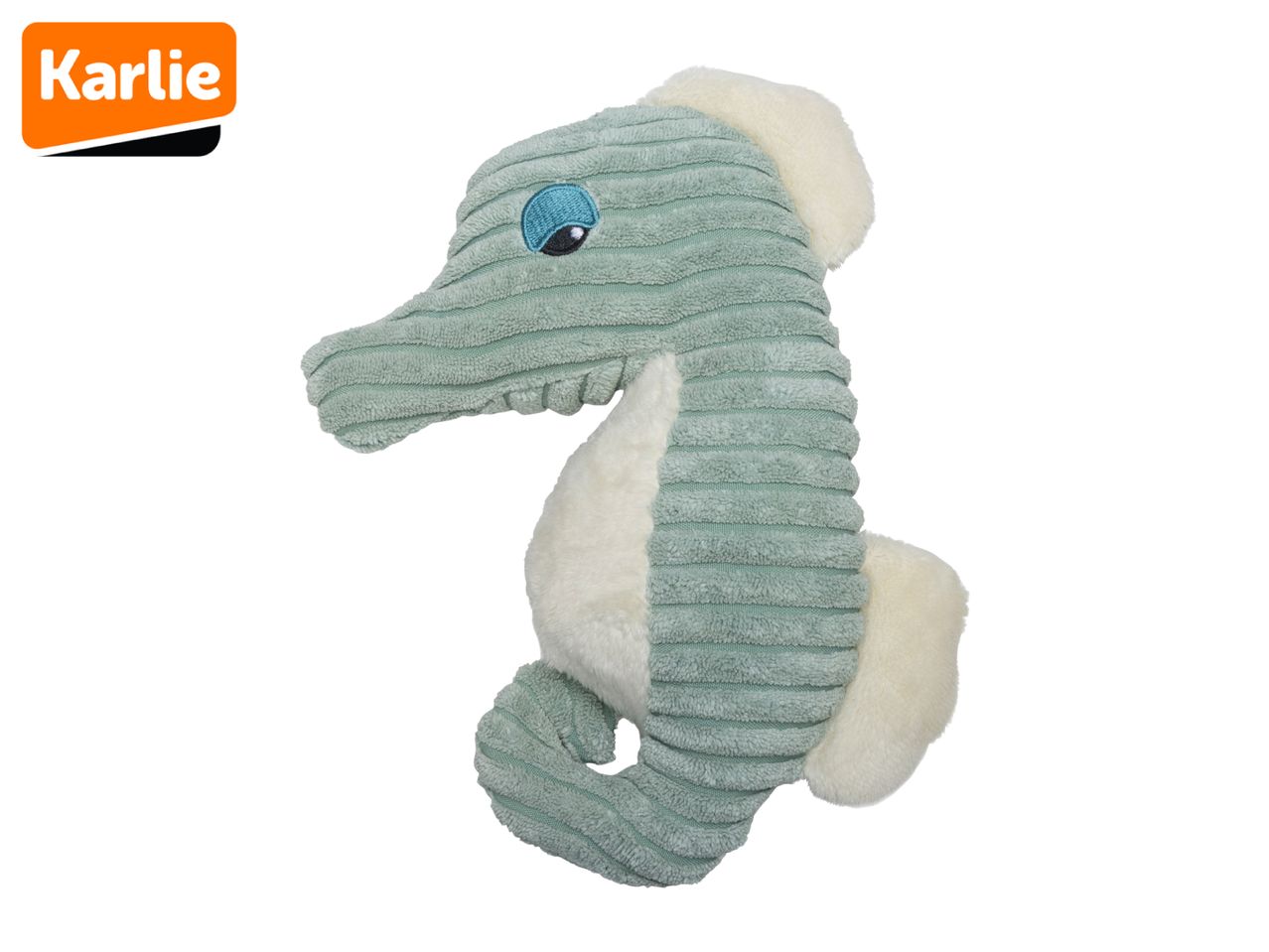 Karlie seahorse plush toy in teal corduroy with cream accents.